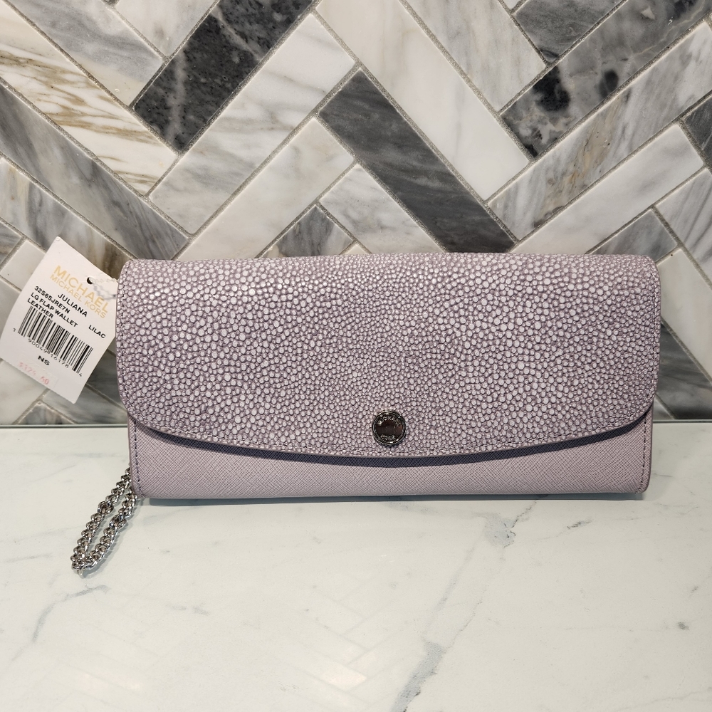 NWT Michael Kors Juliana Large Flap Wallet Lilac Color Leather with Silver Chain